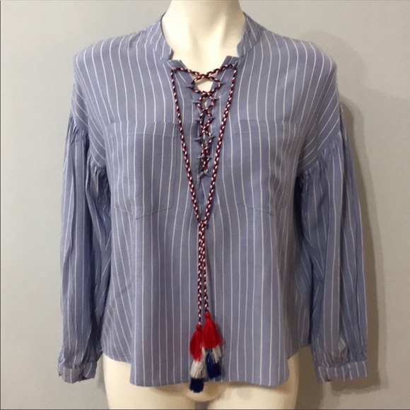 Blue Pinstripe Boho Blouse with Tie - Picture 1 of 8